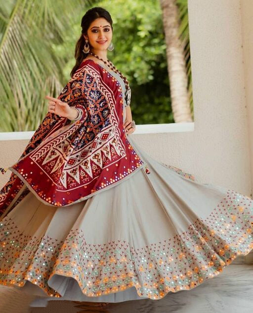 Aari Work Cream Navratri Lehenga Choli for Women