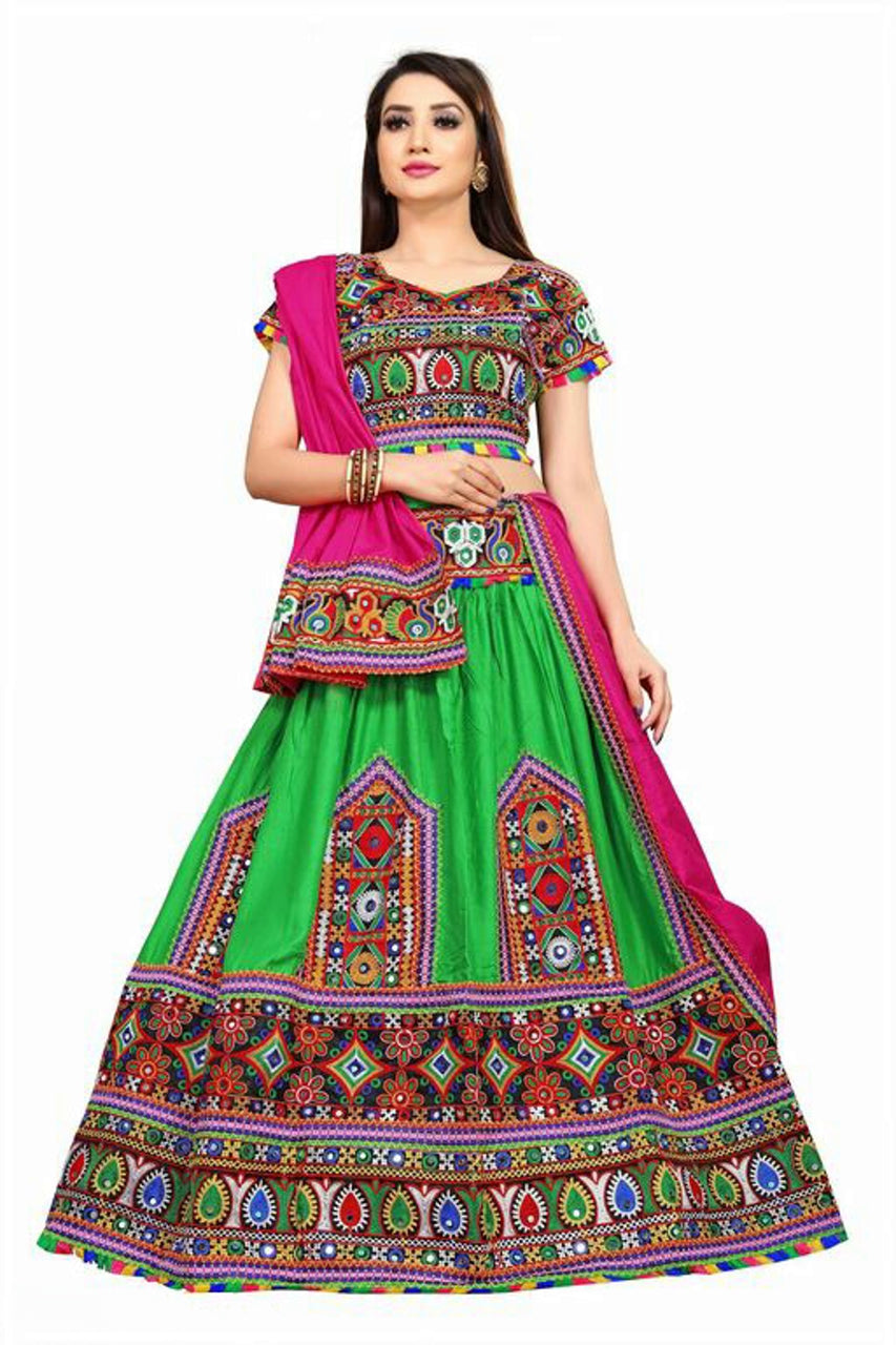 Women's Navratri Green Chanaya Choli with Pink Dupatta