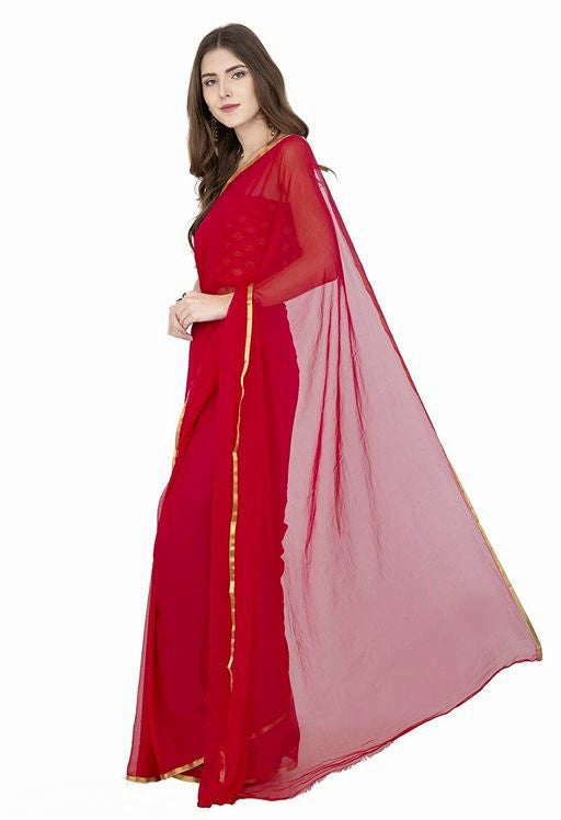 Red Pure Chiffon Karva Chauth Saree