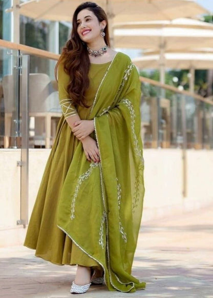 Stylish Green Gotta Work Kurta With Embroidered Dupatta