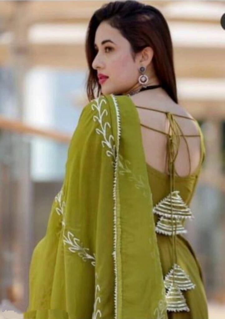 Stylish Green Gotta Work Kurta With Embroidered Dupatta