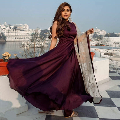 Designer Wine Coloured Georgette Kurta and Dupatta Set