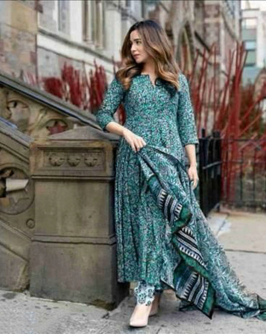 Women's Printed Sea Green Cotton Anarkali Kurta Set