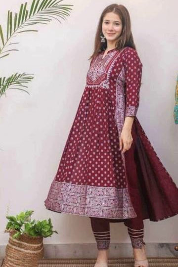 Women Maroon Anarkali Kurta with Trousers & Dupatta