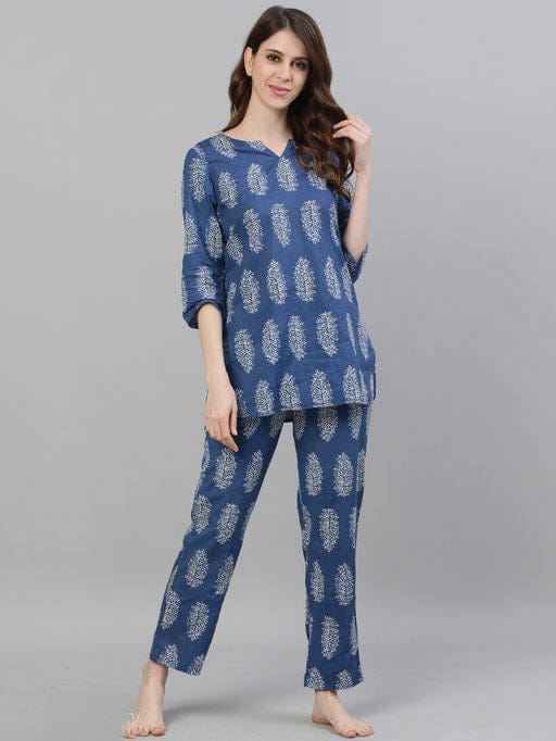 Jaipuri Women's Blue Block Printed Lounge Wear