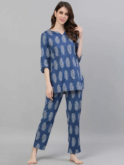 Jaipuri Women's Blue Block Printed Lounge Wear