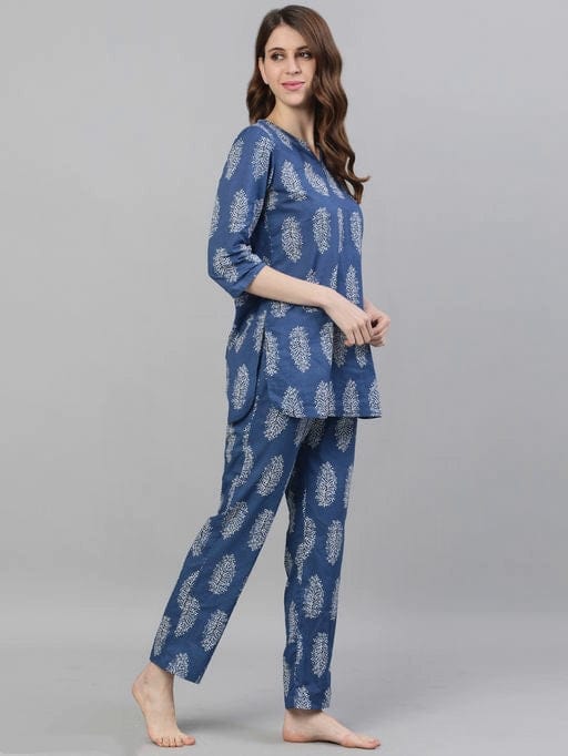 Jaipuri Women's Blue Block Printed Lounge Wear