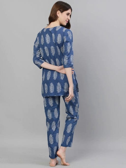 Jaipuri Women's Blue Block Printed Lounge Wear