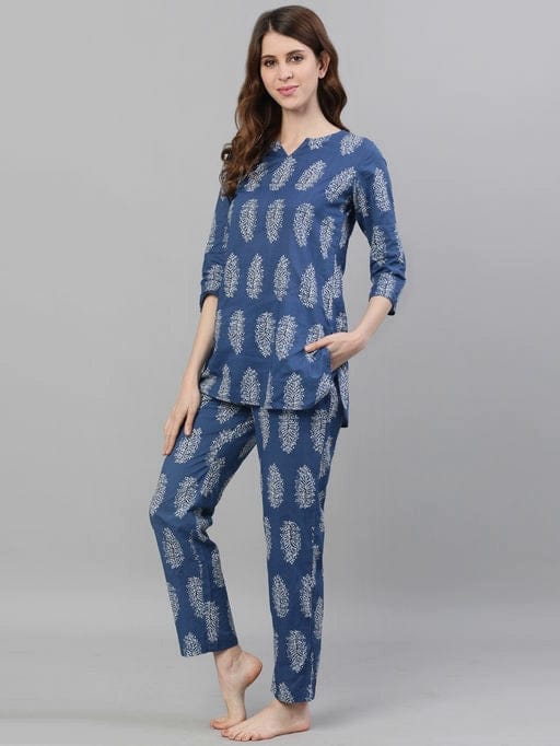 Jaipuri Women's Blue Block Printed Lounge Wear