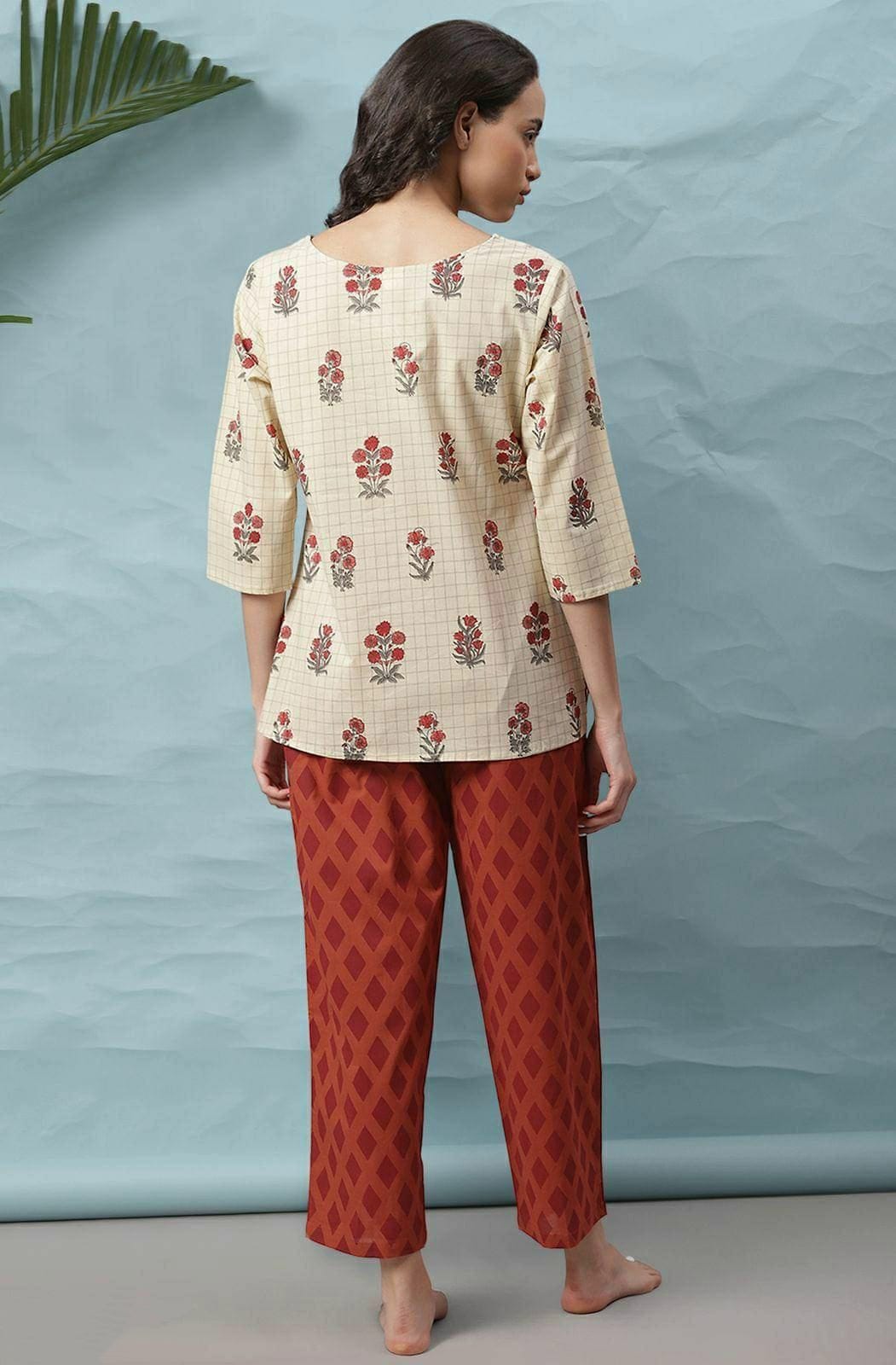 Women's Beige and Brown Floral Lounge Wear