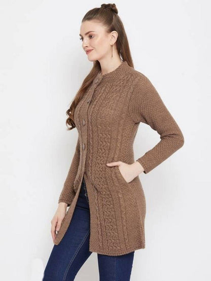 Women Brown Solid Knitted Cardigan