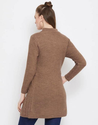 Women Brown Solid Knitted Cardigan