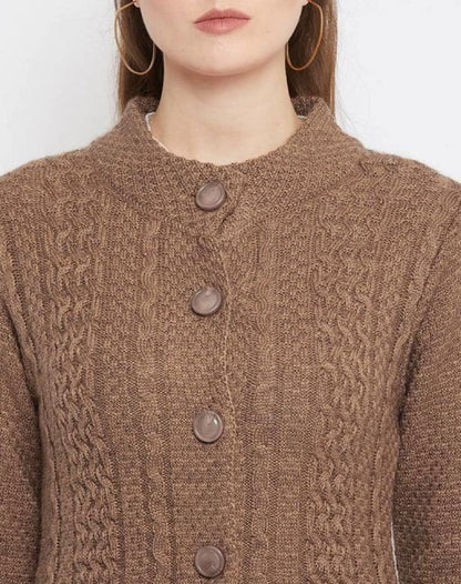 Women Brown Solid Knitted Cardigan