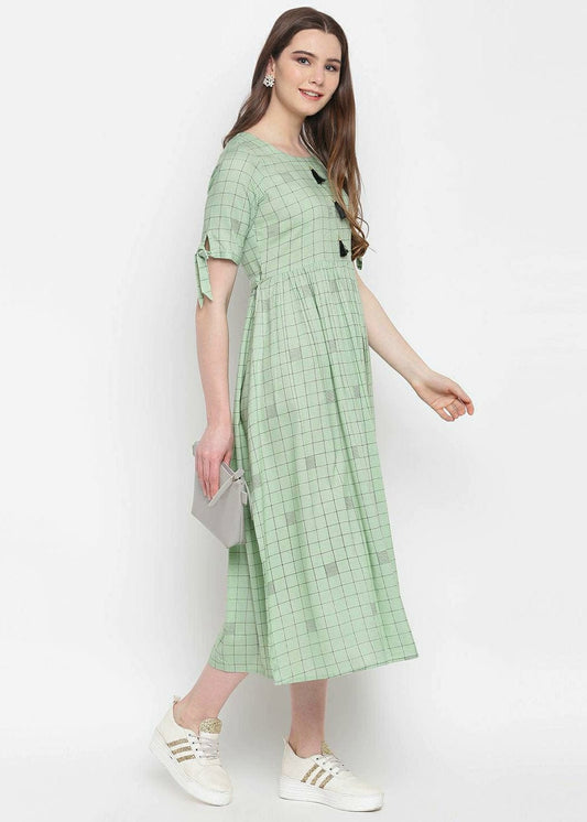 Pistachio  Green Coloured Chequered Print Midi Fit  Dress