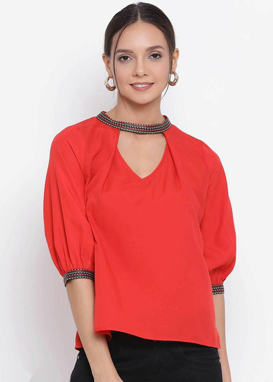 Designer Red Solid Mandarin Collar Top