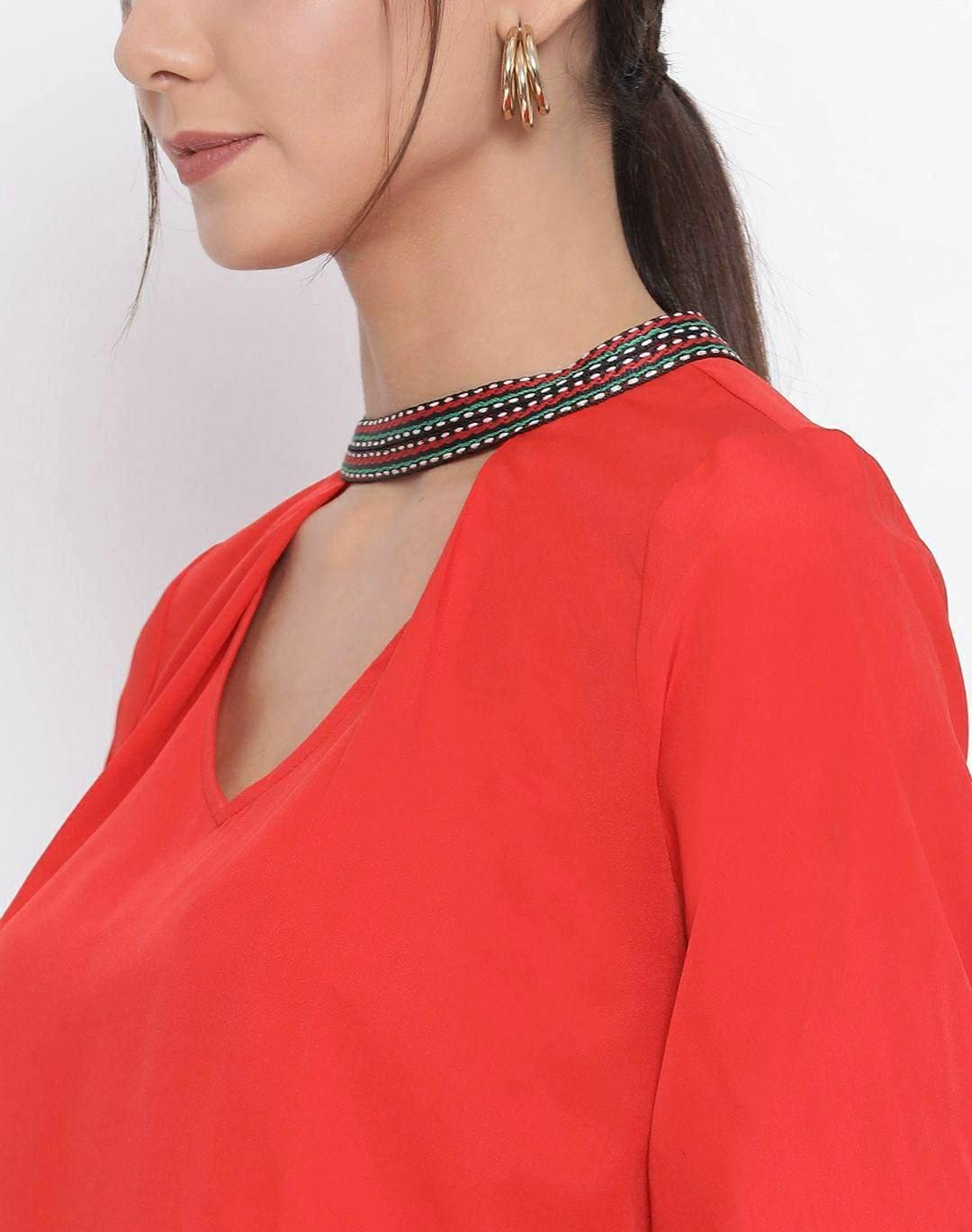 Designer Red Solid Mandarin Collar Top