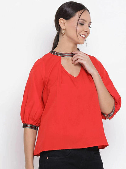 Designer Red Solid Mandarin Collar Top