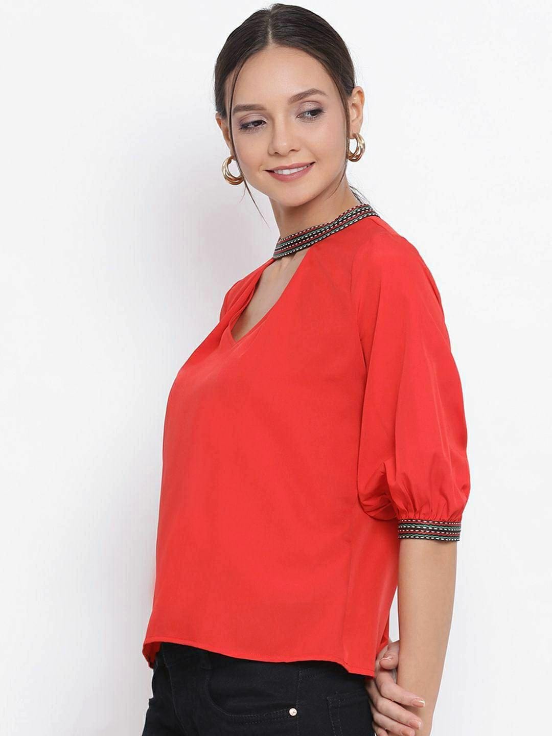 Designer Red Solid Mandarin Collar Top