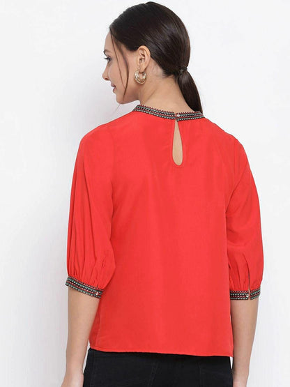 Designer Red Solid Mandarin Collar Top