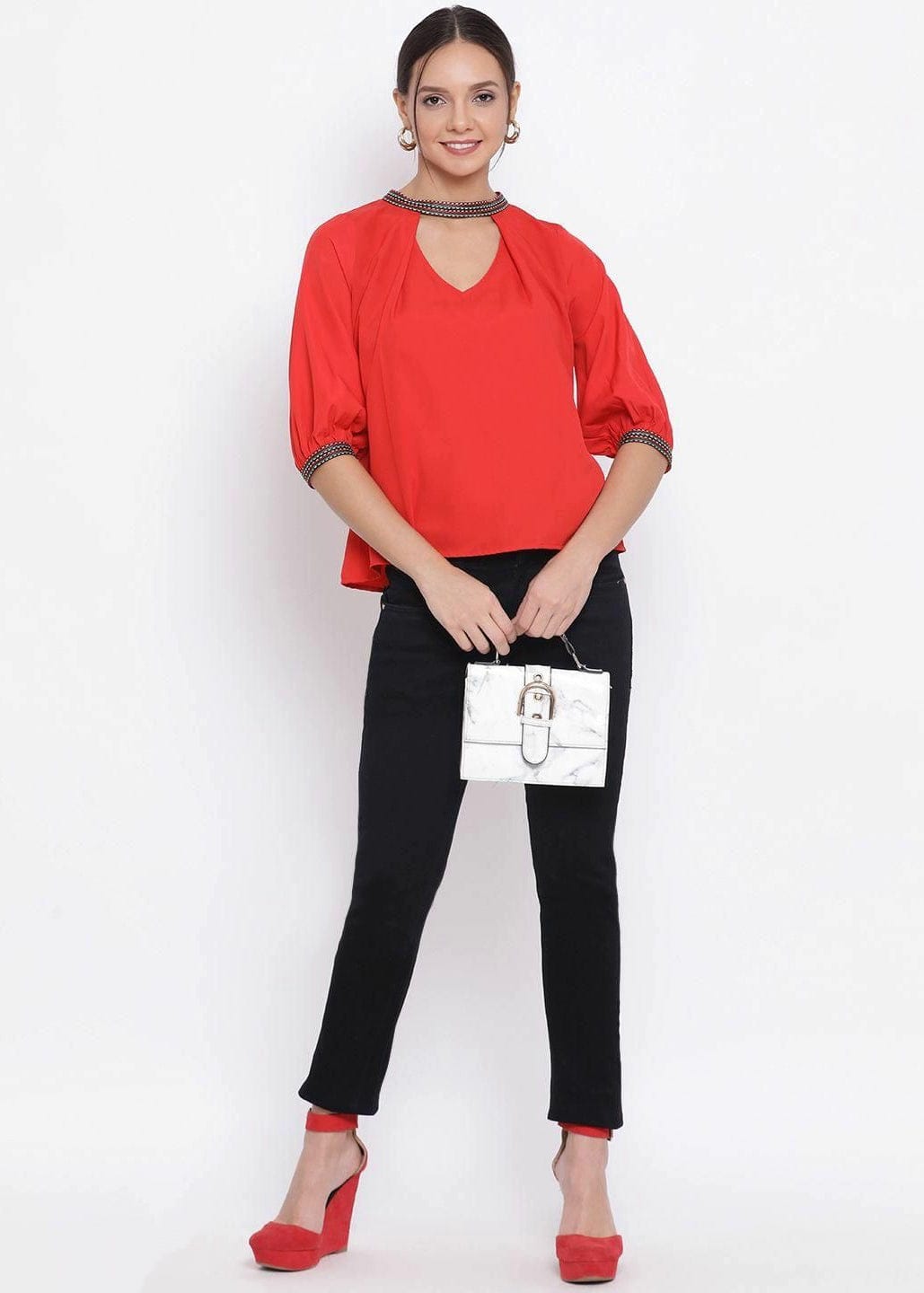 Designer Red Solid Mandarin Collar Top