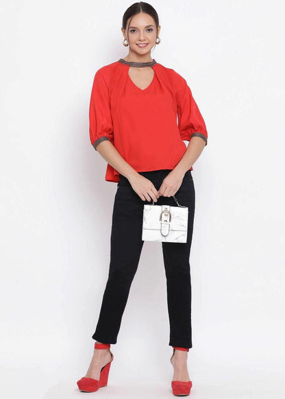 Designer Red Solid Mandarin Collar Top