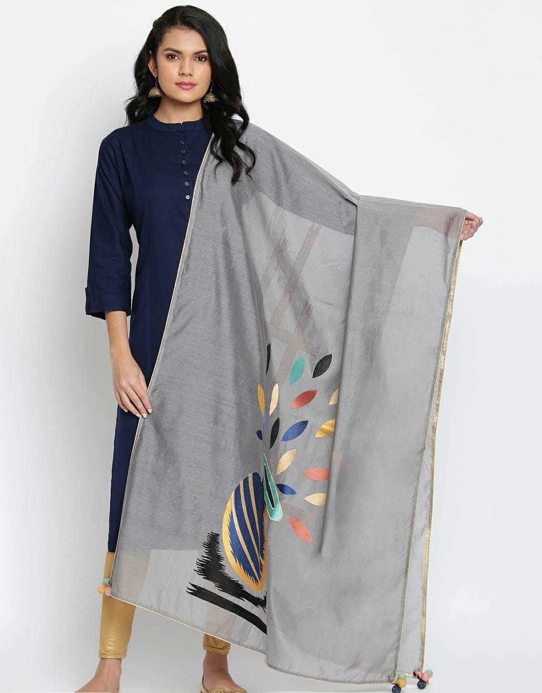 Gray Embroidered Muslin Silk Dupatta