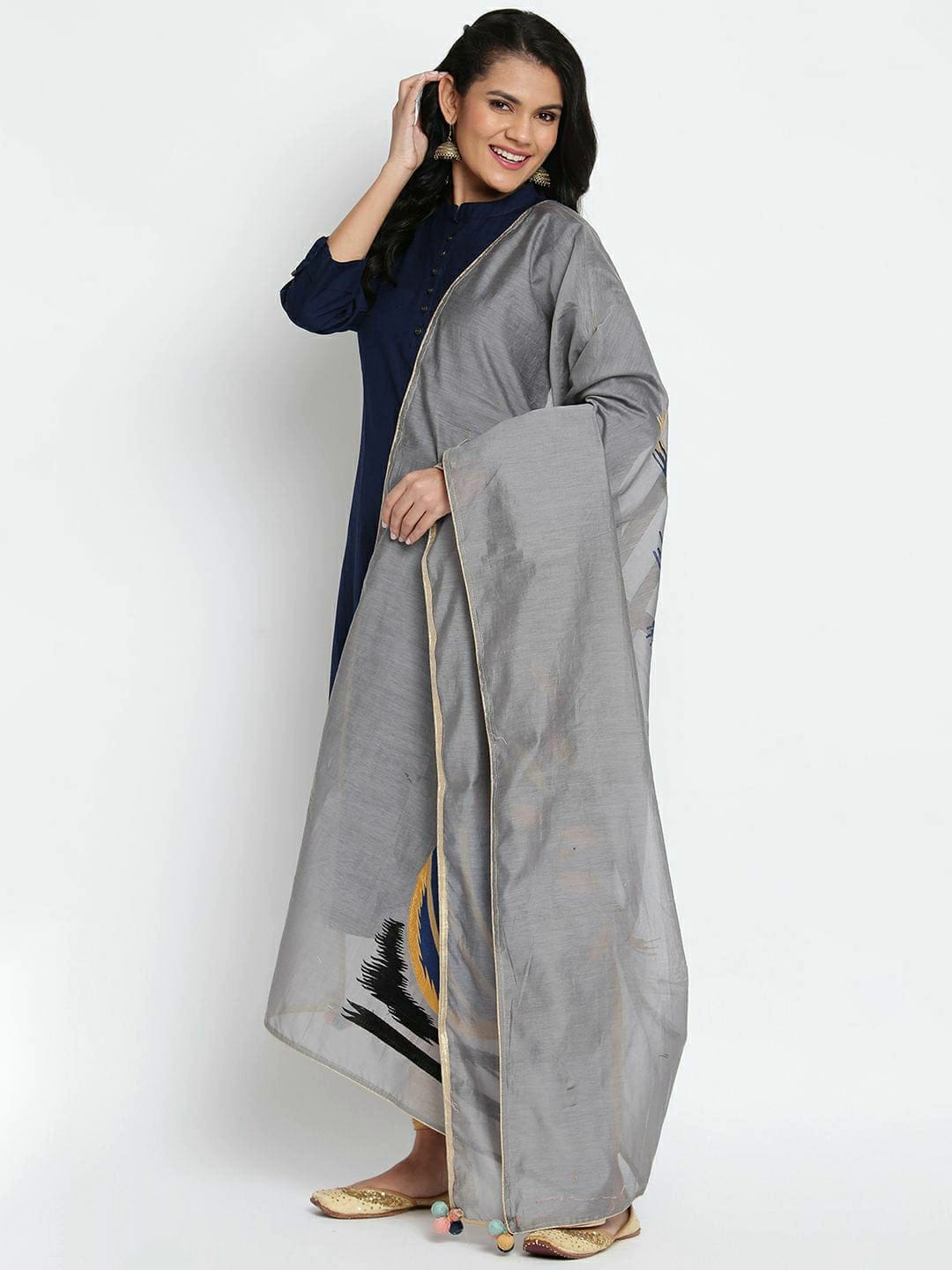 Gray Embroidered Muslin Silk Dupatta