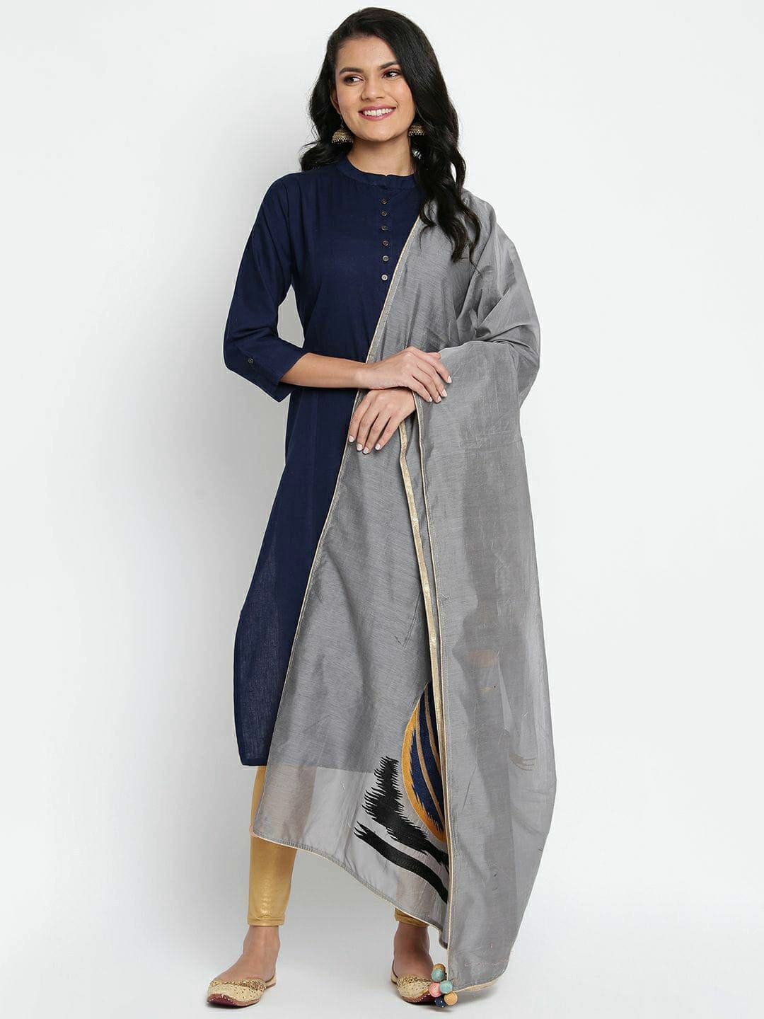 Gray Embroidered Muslin Silk Dupatta