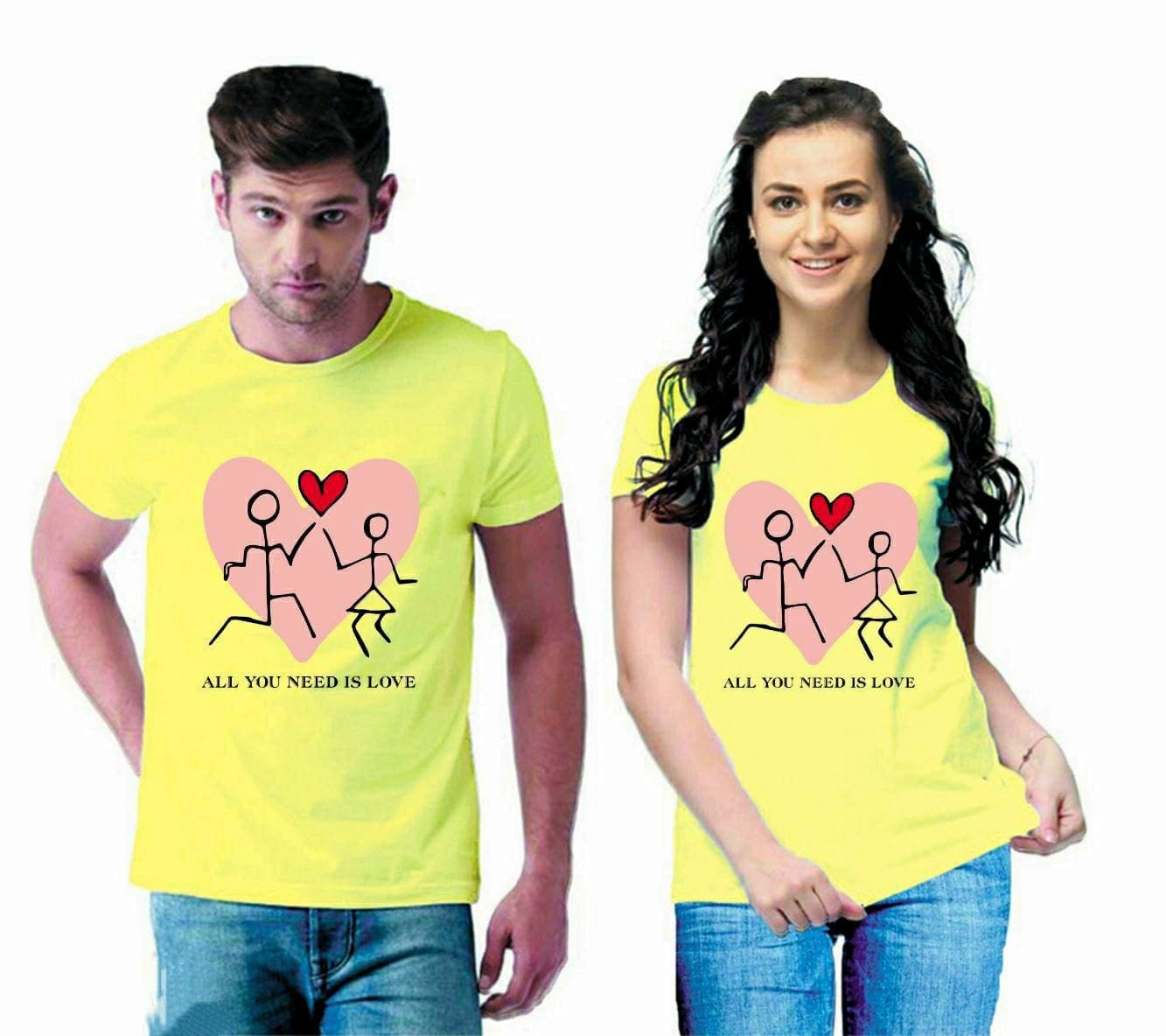 Valentines Day Yellow Couple Printed Cotton T-shirt