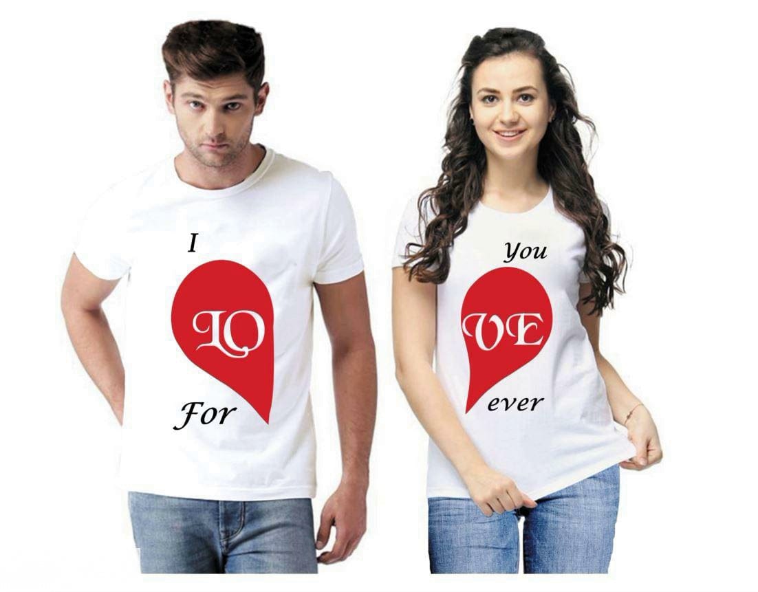 Valentines Day White Love Couple Printed Cotton T-shirt