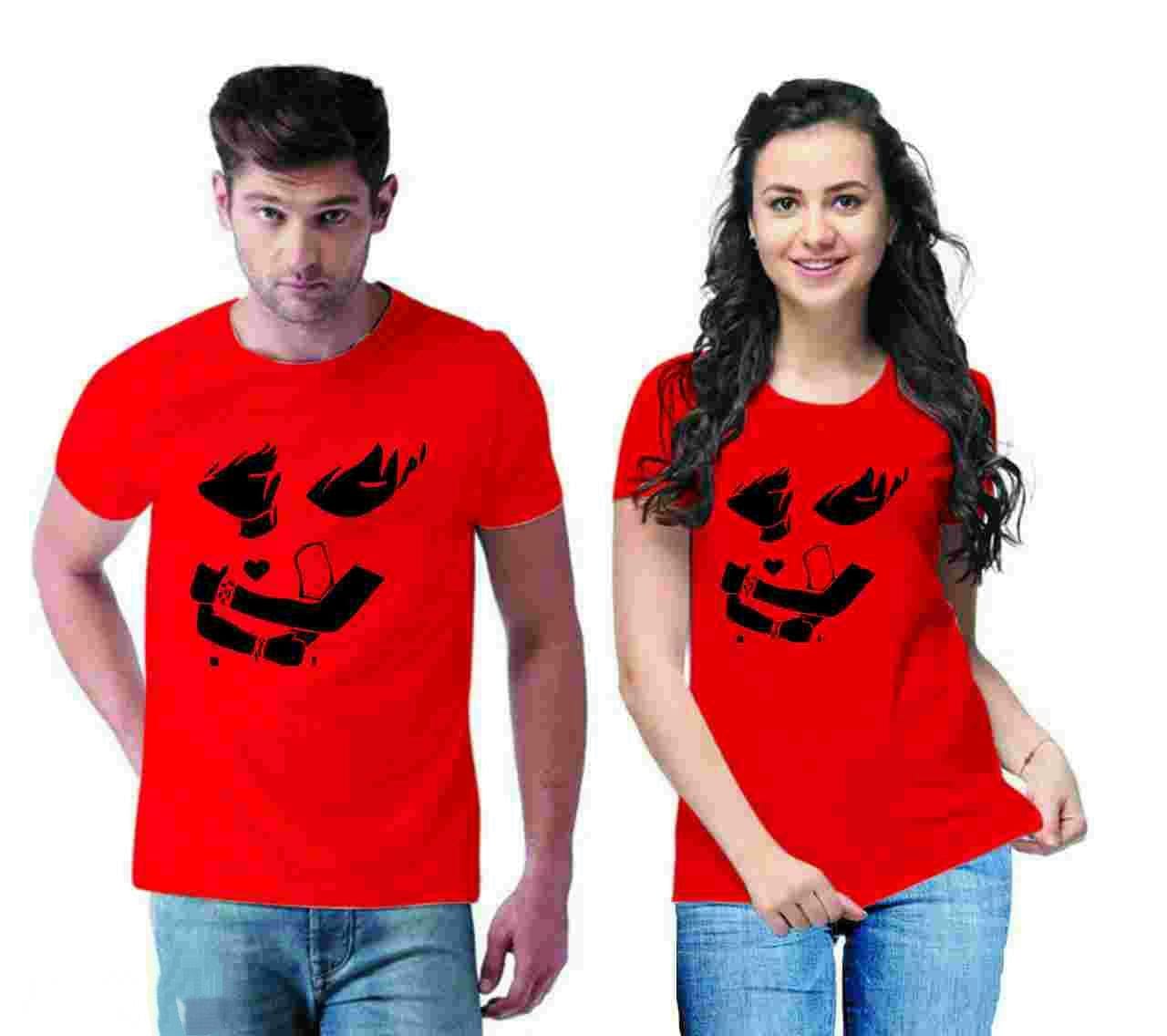 Valentines Day Red Couple Printed Cotton T-shirt