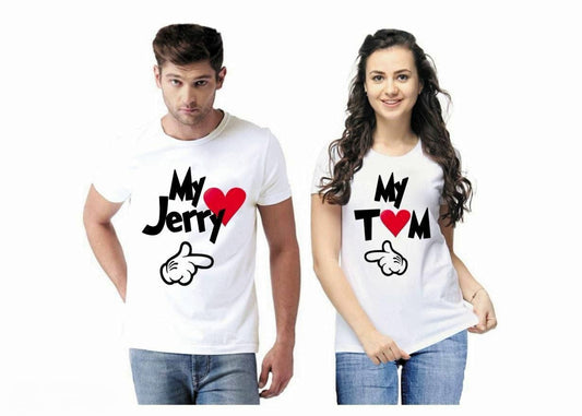 Valentines Day White Tom & Jerry Couple Printed Cotton T-shirt