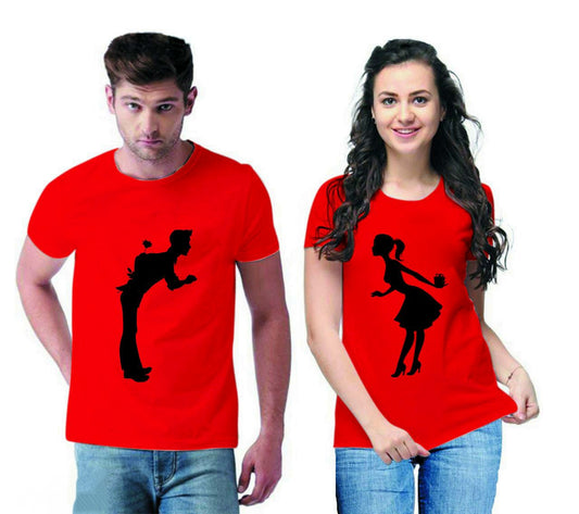 Valentines Day Red Couple Printed Cotton T-shirt