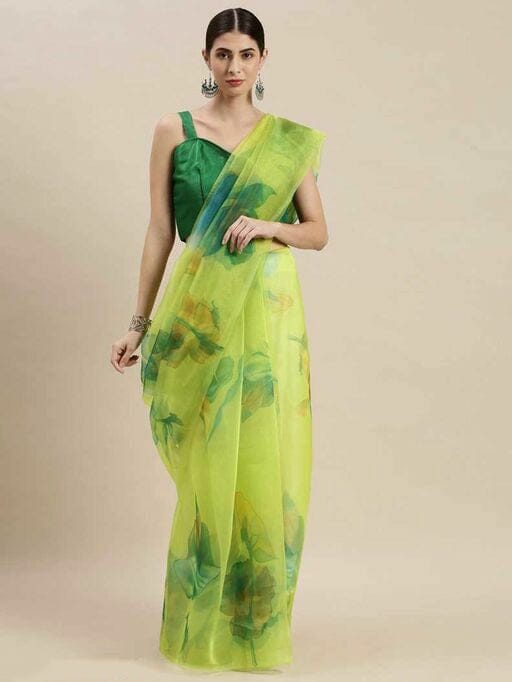 Urban Wardrobe's Green Floral Organza Printed Saree