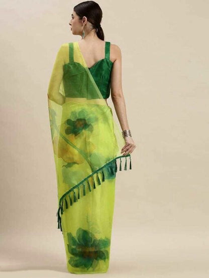 Urban Wardrobe's Green Floral Organza Printed Saree