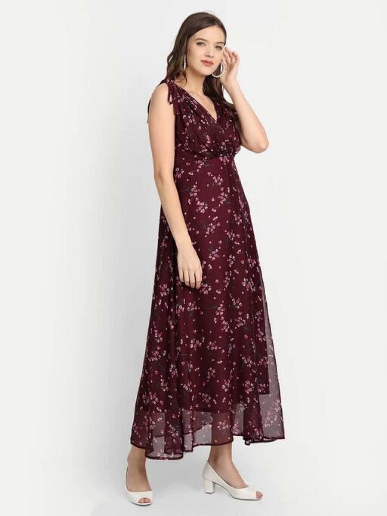 Maroon  Printed Maxi  Dress