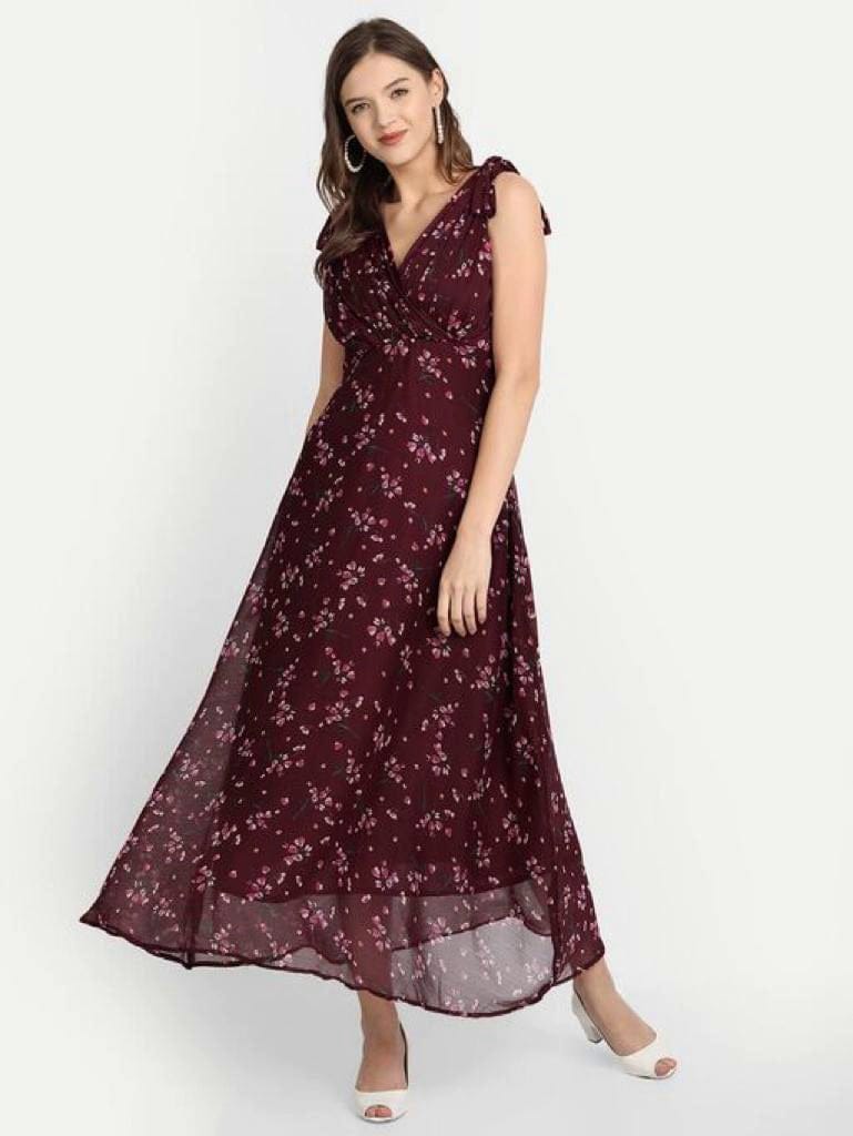 Maroon  Printed Maxi  Dress