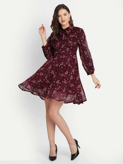 Maroon Puff  Sleeved Printed Mini Fit and Flare Dress