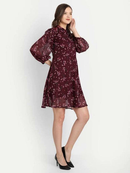 Maroon Puff  Sleeved Printed Mini Fit and Flare Dress