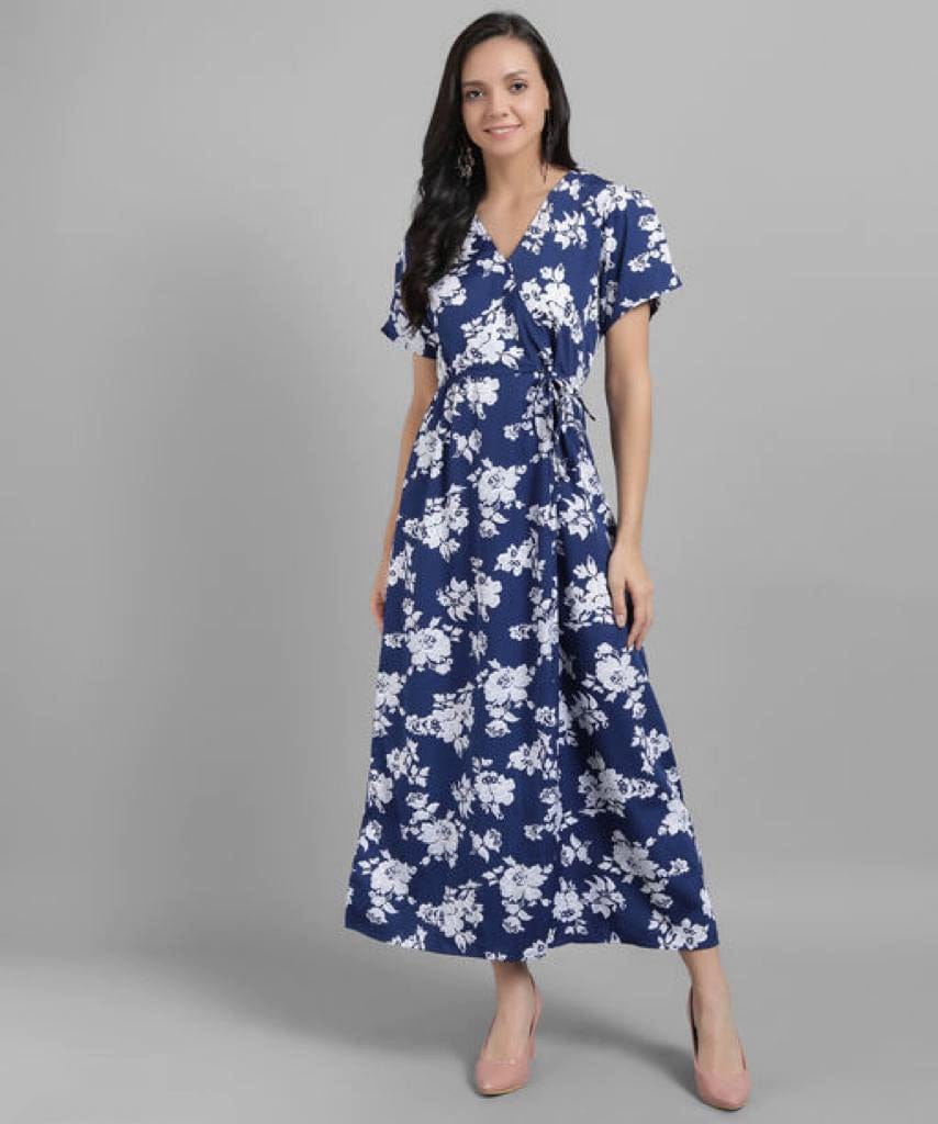 Women Blue Printed Floral Wrap Dress