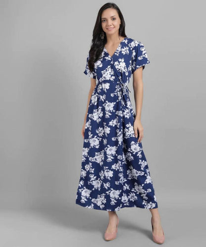Women Blue Printed Floral Wrap Dress