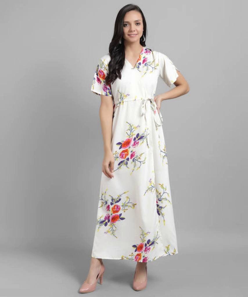 Women White Printed Floral Wrap Dress