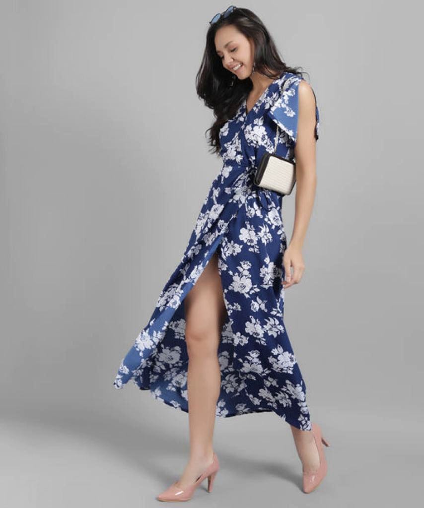 Women Blue Printed Floral Wrap Dress
