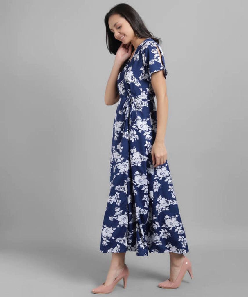 Women Blue Printed Floral Wrap Dress