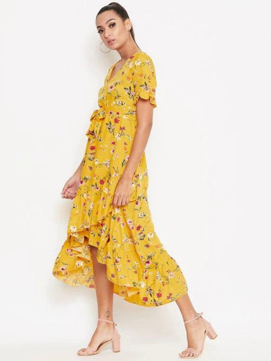 Women Yellow Floral Printed High Low Dress