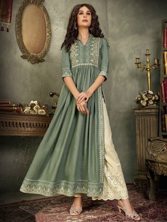 Women Classy Pista Coloured Designer Anarkali Palazzo Set