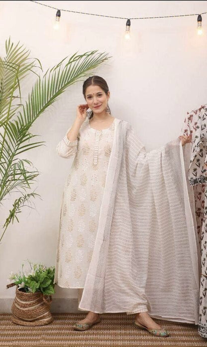 Women's Printed Cotton White Kurta Set with Trouser and Dupatta