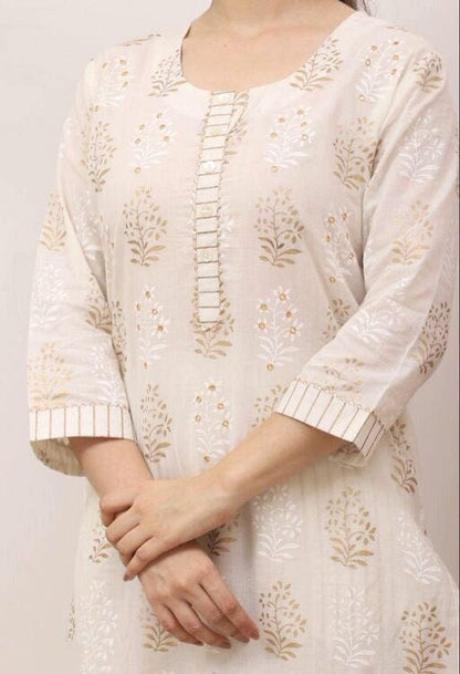 Women's Printed Cotton White Kurta Set with Trouser and Dupatta