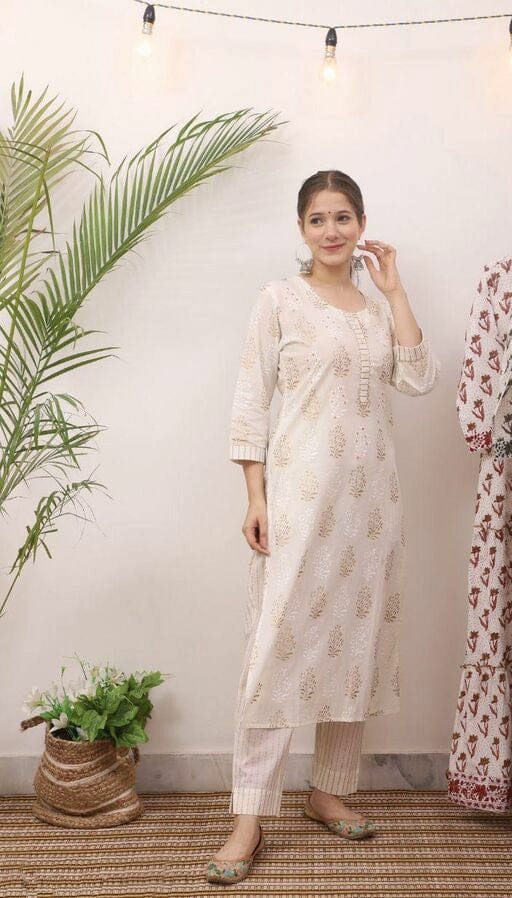 Women's Printed Cotton White Kurta Set with Trouser and Dupatta