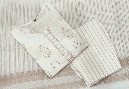 Women's Printed Cotton White Kurta Set with Trouser and Dupatta
